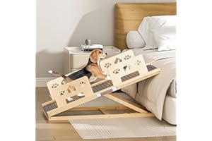 HSSZXFR Dog Ramp for Bed 4 Adjustable from 13.8"-22.8" Portable Dog Steps Folding Ramp for Dogs to Get On Bed Wooden Paw Ramps with Anti-Slip Grip & Safety Rails Dog Stairs for High Beds Car Couch
