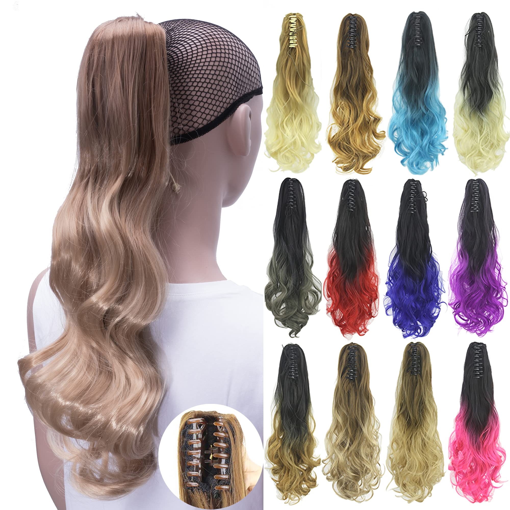 IMISSU Curly Ombre Color Claw Ponytail Hair Extensions Pony Tail Clip in Hairpiece (Ombre Brown)
