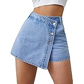 Flvsun Denim Shorts Women Casual High Waisted Solid Button Up Asymmetrical Denim Jean Skort Skirt Mini Shorts.