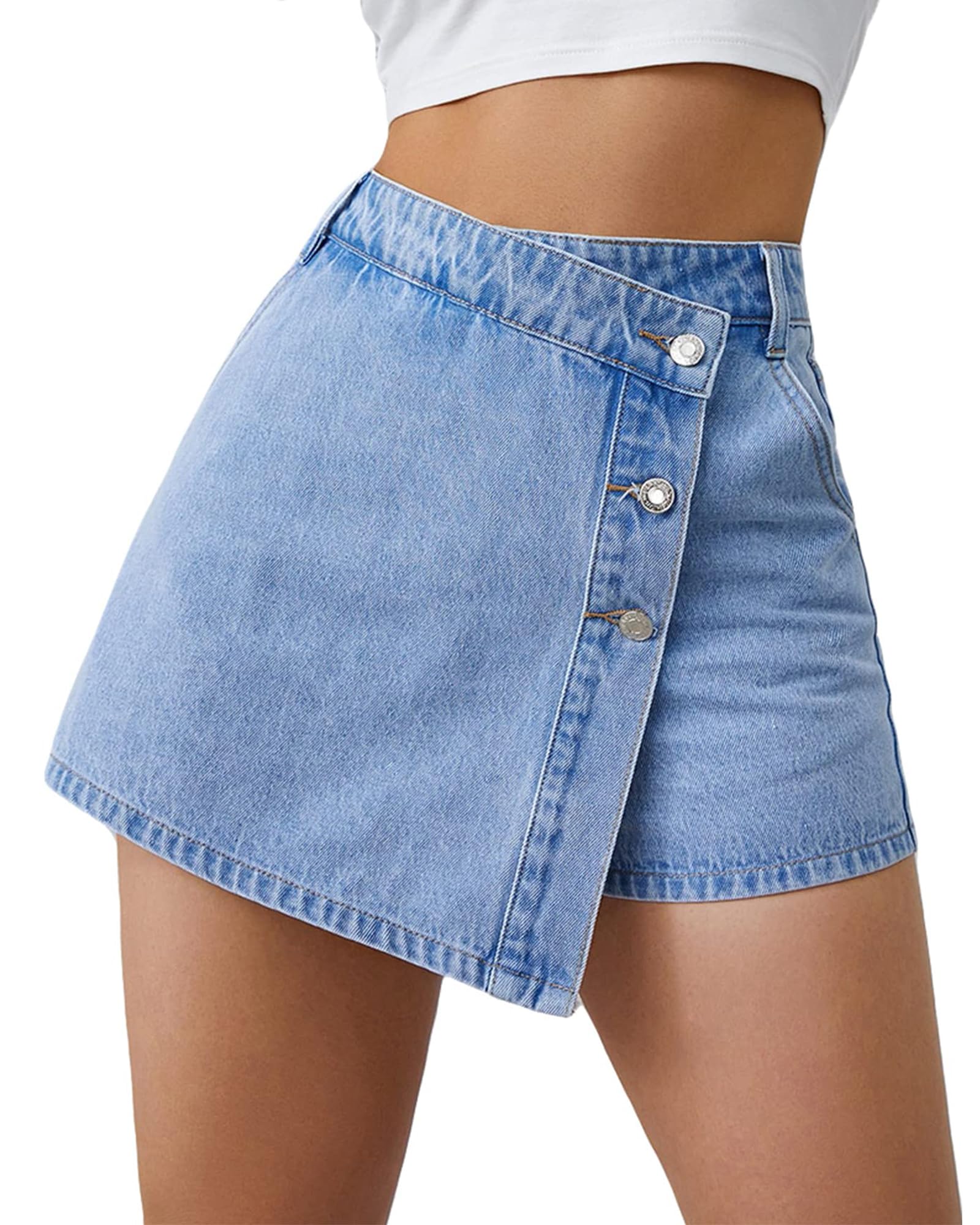 Photo 1 of *Missing Parts*
Denim Shorts Women Casual High Waisted Solid Button Up Asymmetrical Denim Jean Skort Skirt Mini Shorts Light Blue S