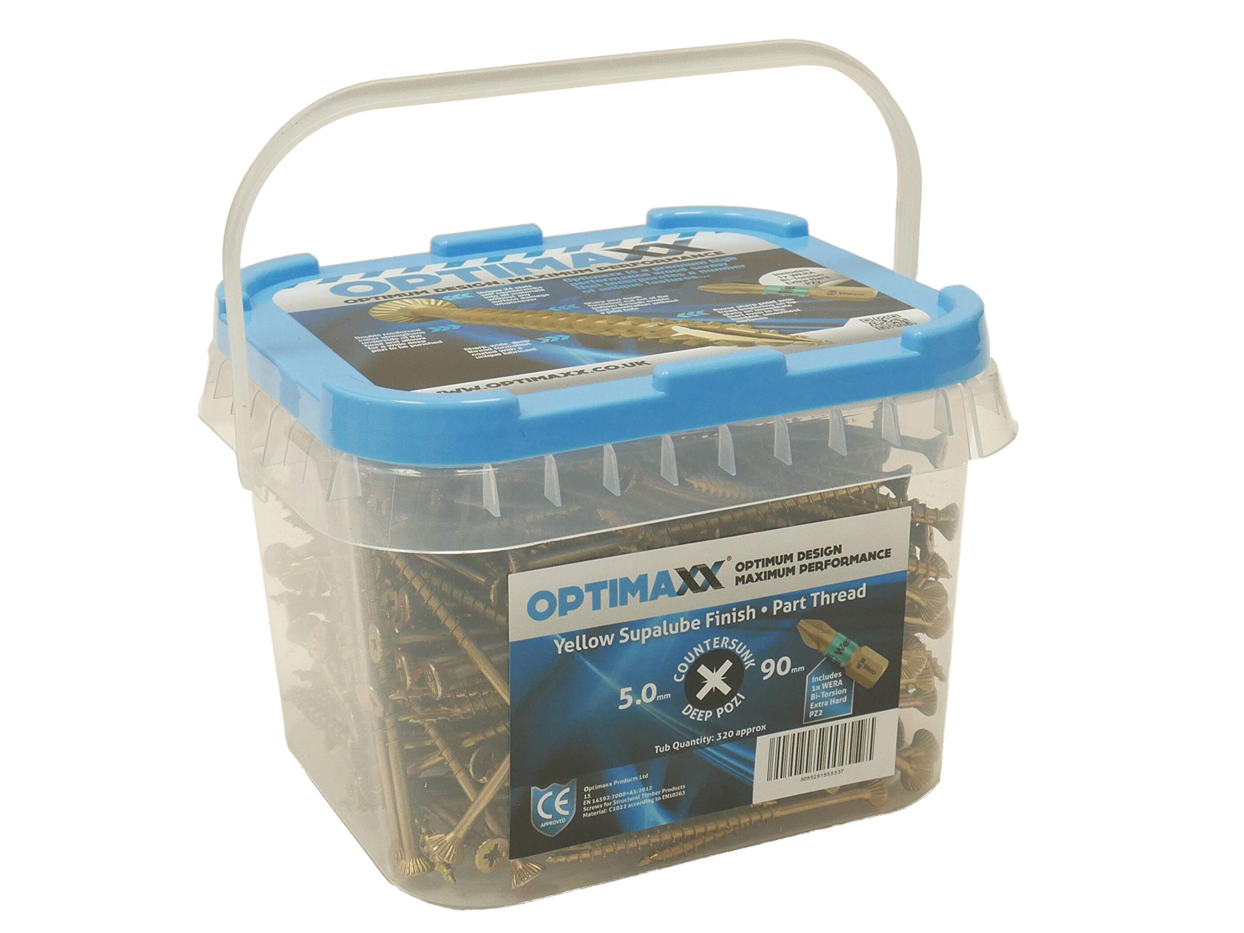 Optimaxx C288-870 5.0mm x 90mm Flat Countersunk Extreme Performance Woodscrews Self Cutting-Pozi Zinc Yellow-320 Pieces, Yellow