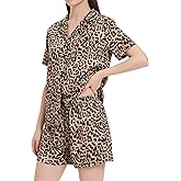 Guriyzee Womens Satin Pajamas Set 2 Piece Silk Pjs Button Down Shorts Set leopard Sleepwear