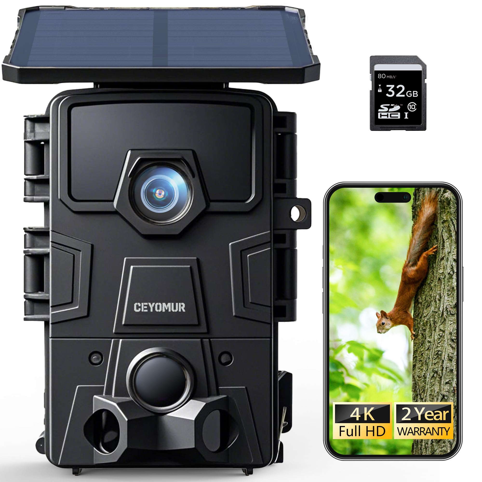 CEYOMUR 4K UHD Solar Wildlife Camera, WiFi 6 Trail Camera with 5200mAh Lithium Battery Rechargeable, Wildlife Camera with 120° Detection Angle Night Vision Motion Activated with 32GB SD Card