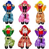 6 Pack Wooden Marionette Puppets Clown Pull String Puppets Movable Hands and Feet Joint Activity for Family Men Women Theater Puppetry Party
