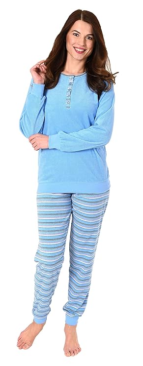 NORMANN WÄSCHEFABRIK Damen Frottee Pyjama Schlafanzug mit Knopfleiste am Hals - auch in Übergrössen 281 201 93 110