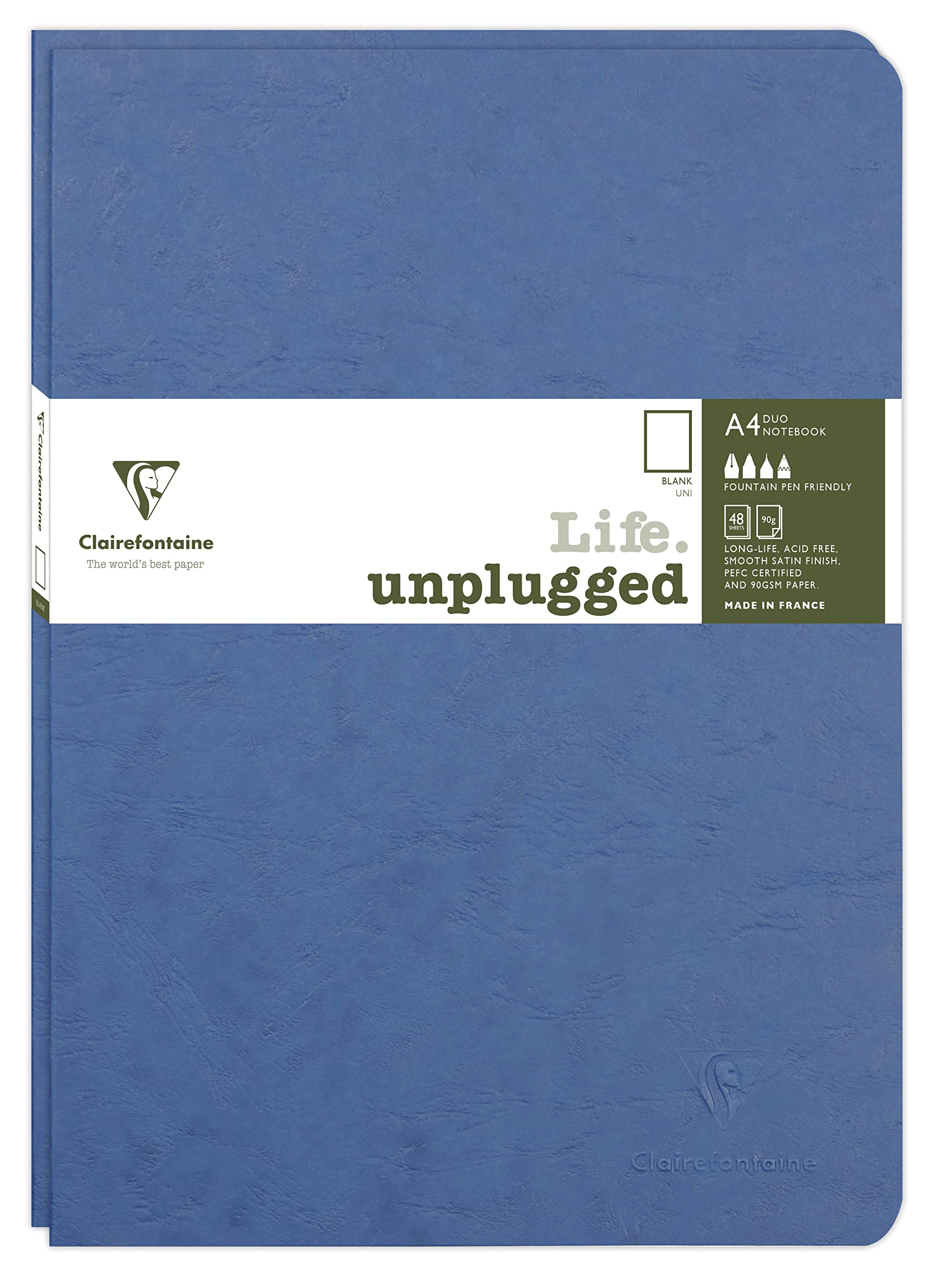Clairefontaine 733084C Age Bag Collection Set of 2 Blue Duo Stapled Notebooks - A4 21x29.7 cm - 96 Plain White Pages - 90 gsm Paper - Leather Grain Card Cover