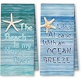 ArtisaEura Coastal Beach Hand Towels for Bathroom Set of 2, Nautical Kitchen Towels, Watercolor Blue Ocean Starfish Decorative Towels for Kitchen, Beach Bathroom Decor, 16x24 Inch