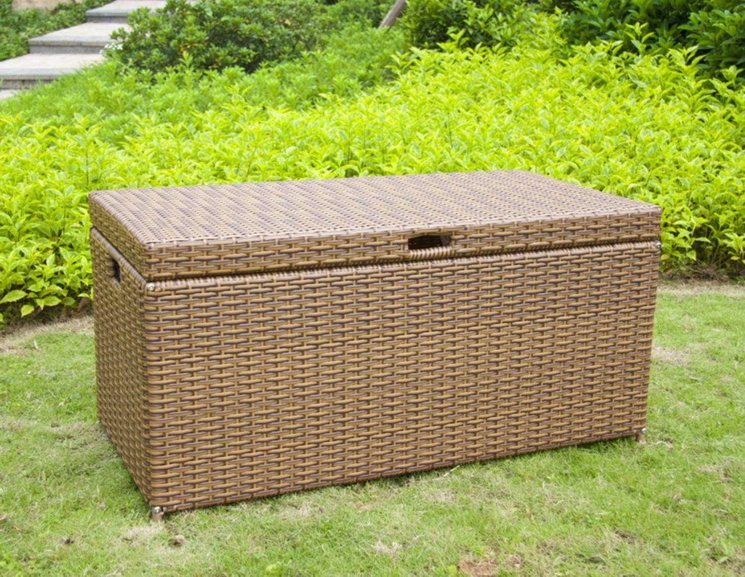 40” Honey Brown Resin Wicker Outdoor Patio Garden Hinged Lidded Storage Deck Box