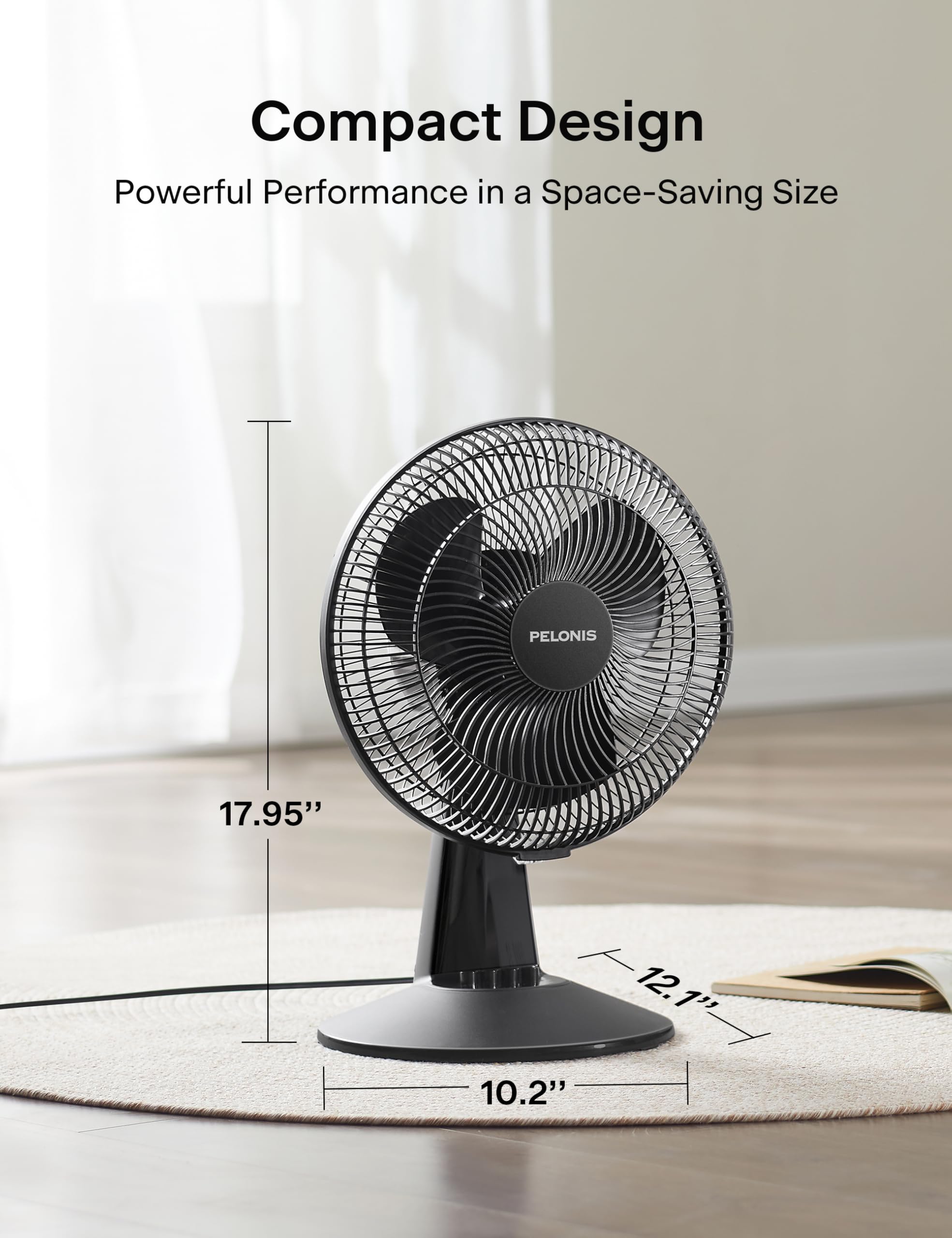 PELONIS Table Fan 12-Inch, 120° Oscillating Table Fan Small Portable Electric Plug-In Desk Fan with 3-Speeds, 126° Adjustable Tilt Head for Bedroom and Office Black