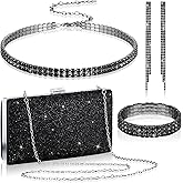 Kigeli 4 Pieces Women Rhinestone Evening Clutch Bag Bling Earring Necklace Bracelet for Wedding Formal