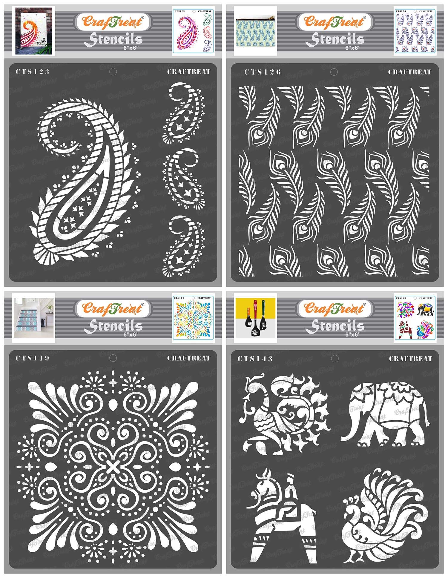 CrafTreat Reusable Indian Stencils for Furniture Painting - Paisley and Border, Peacock Feather, Ornate Background and Indian Motifs 2 (4Pcs) -6X6 Inch - Indian Inlay Stencil for Crafts Reusable