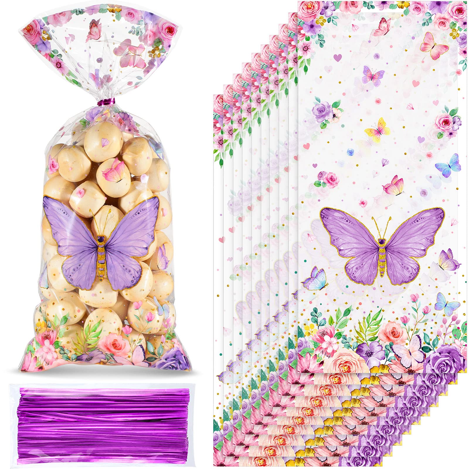 Photo 1 of 100 Pcs Butterflies Cellophane Treat Bags Plastic Butterfly Party Favors Watercolor Butterfly Cello Candy Bag with 100 Twist Ties for Butterfly Theme Baby Shower Girl Birthday Party Supplies(Purple)