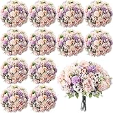 Tigeen 12 Bundles Peonies Artificial Flowers Faux Roses Silk Flowers Hydrangea Artificial Bouquet for Wedding Table Centerpiece Floral Vase Home Office Bridal Decor (Purple,Pink)