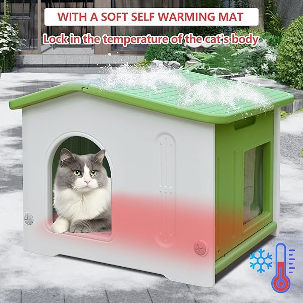 OUTDOOR CAT HOUSE WITH ESCAPE DOOR,FERAL CAT HOUSE WITH SELFWARMING MAT OUTDOOR CAT HOUSE WATWERPROOF LARGE CAT HOUSE FOR 1-2 CATS, ASSEMBLE EASILY-GREEN