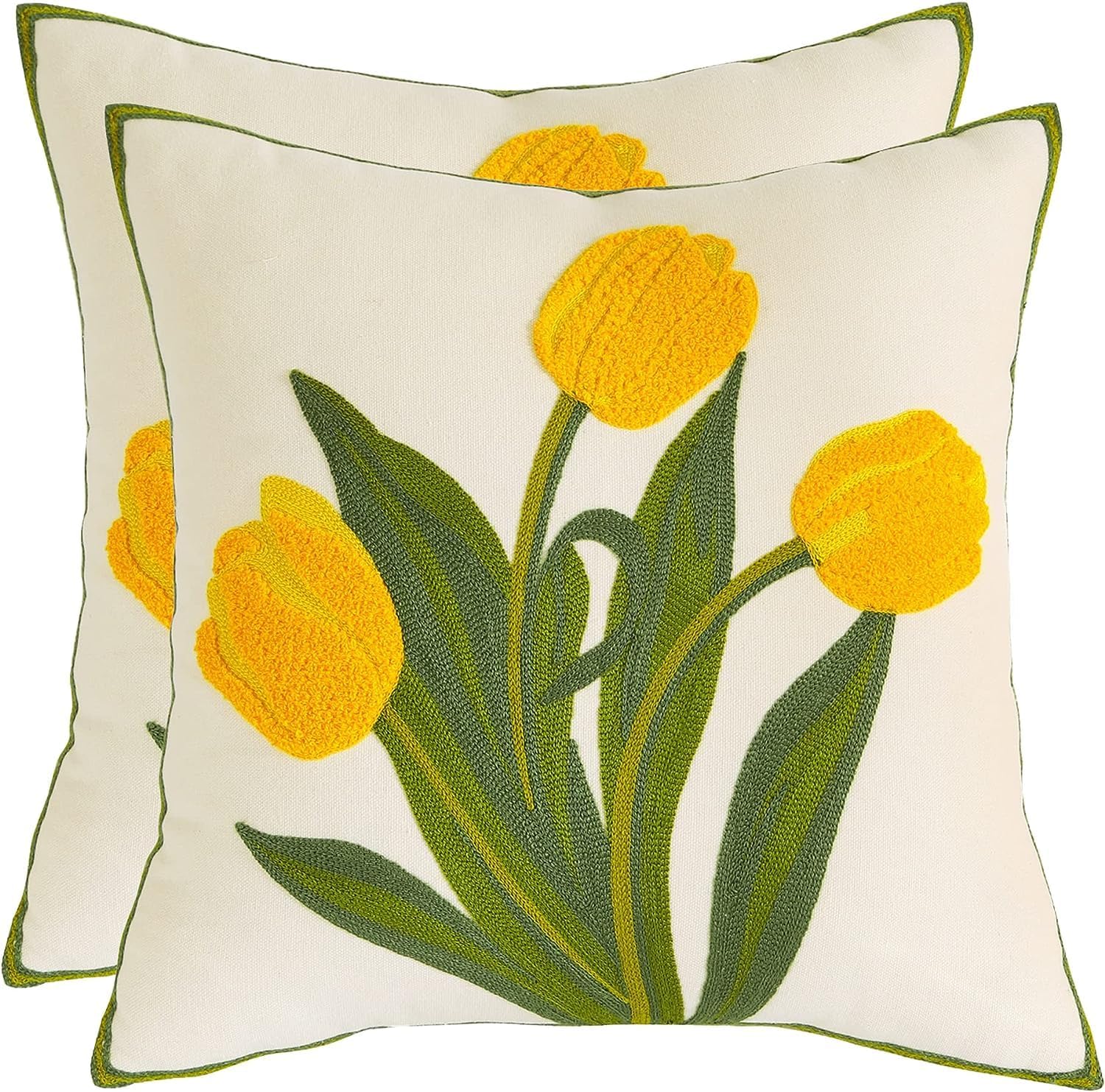 Tosleo Flower Cushion Covers 40 x 40 cm Throw Pillow Covers Yellow Tulip Embroidery Cotton and Linen Pillow Case for Sofa Bed Garden Patio Home Decor Set of 2