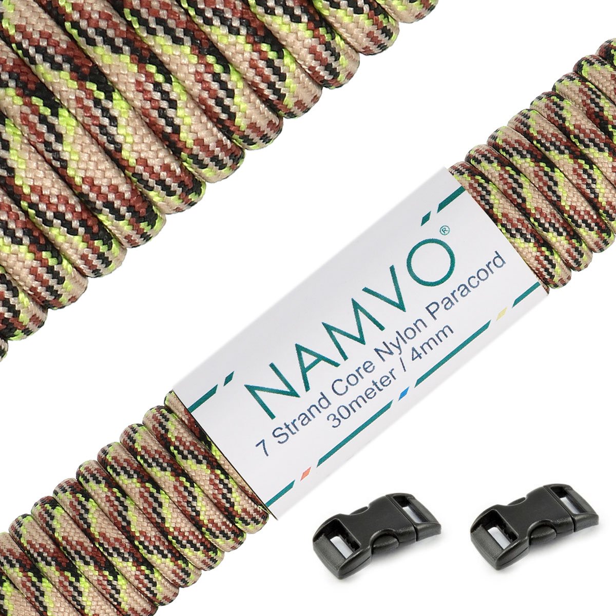 Namvo 550 Paracord Mil Spec Type III 7 strand parachute cord Total Length 100ft / 30 Meters, Camo, Green + Brown + Black