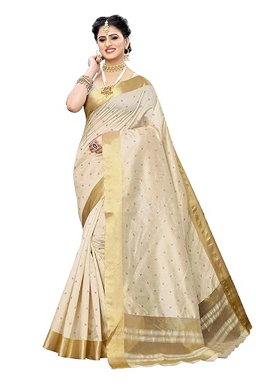 Women's COTTON POLYESTER SILK Saree With Blouse Pices (KERALA TIKKI, Free Size, Multi-Coloured)