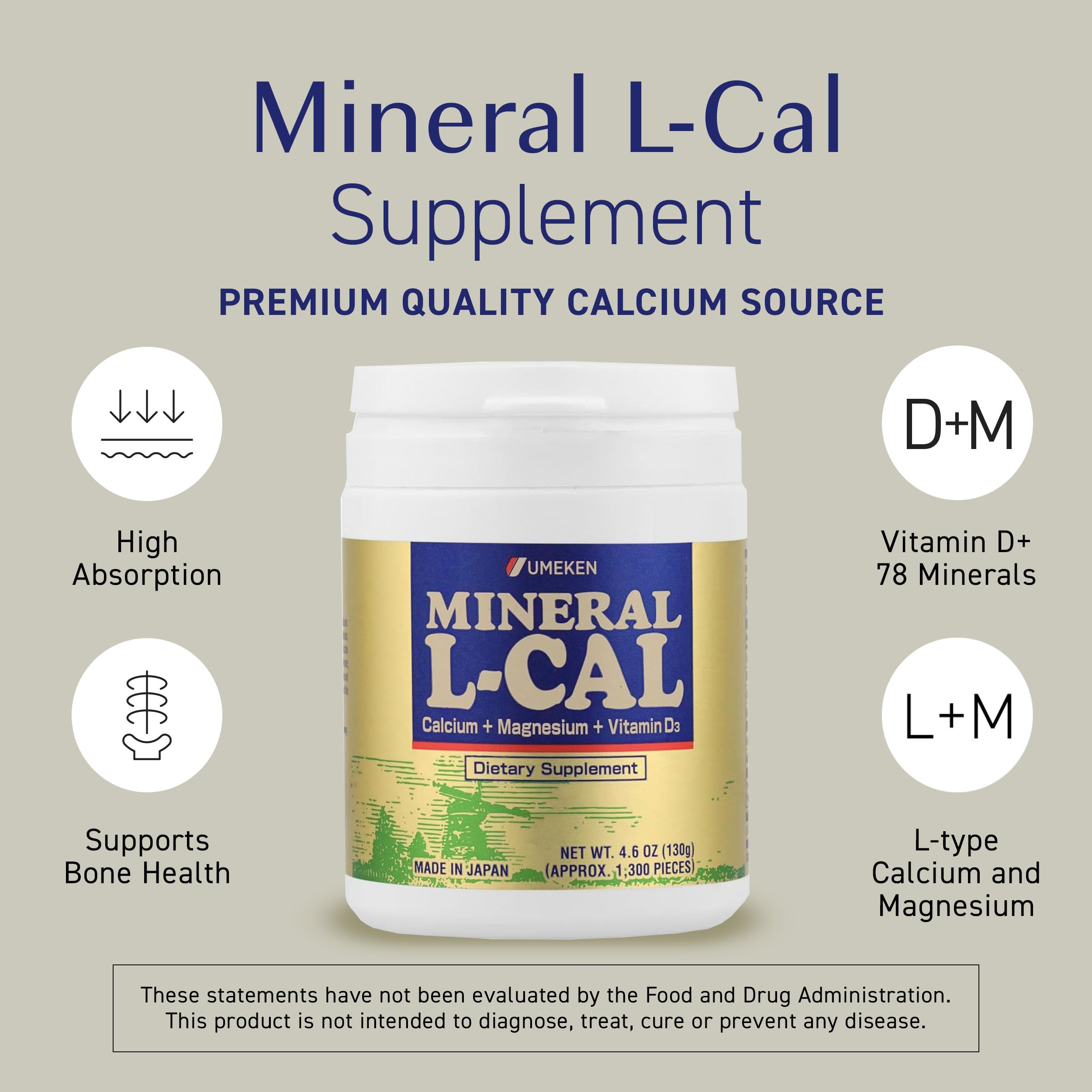 Umeken Mineral L-Cal Calcium with Vitamin D3, 2 Month Supply, Water Soluble Ball Format with Magnesium & Minerals, Fast Absorbing Calcium Magnesium D3 Supplement, 1,300 Balls, 130g, Pack of 1