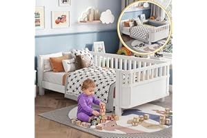 MIRIGHTONE Twin Size Montessori Bed with Guardrails, Wood Kids Bed Frame with Slats Support, Low to Ground Modern Baby Bed with Removable Side Rails for Boys Girls Bedroom Living Room, White