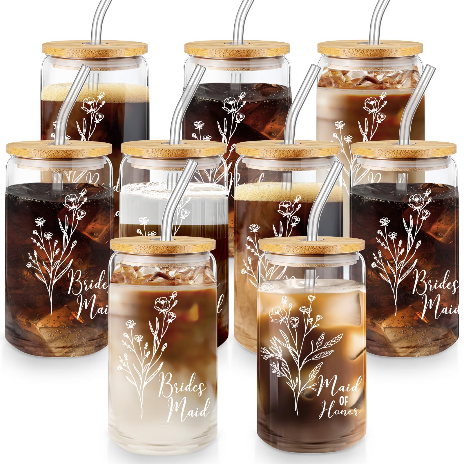 Photo 1 of Layhit 9 Pcs Bridesmaid Gifts Bridesmaid Proposal Gifts 16 Oz Cute Can Shaped Drinking Glasses with Bamboo Lids and Glass Straw Iced Coffee Cup Mason Jar Cups for Engagement Wedding Bridal