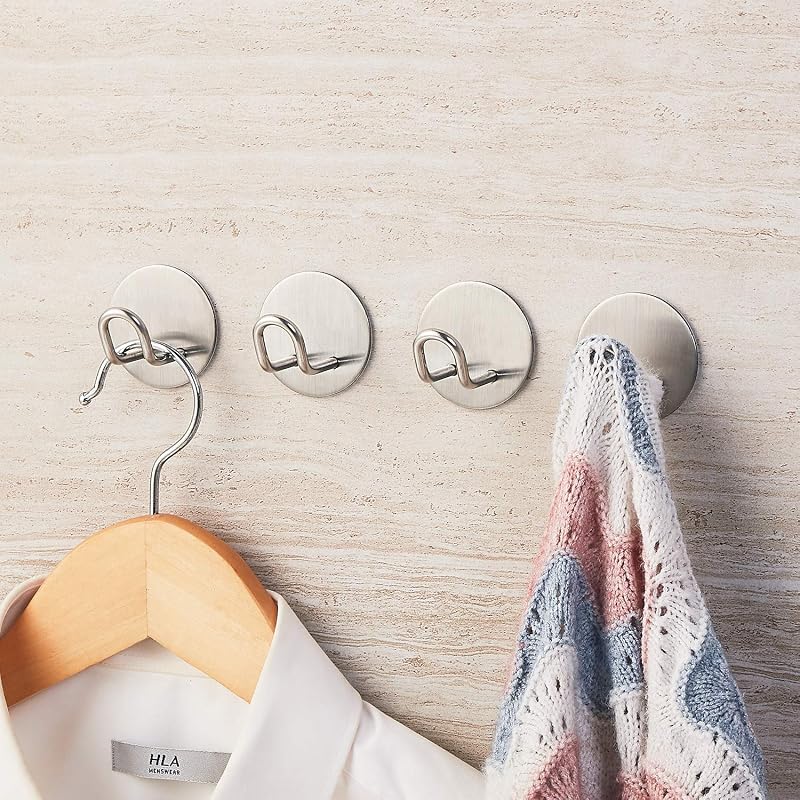 JS Adhesive Hooks Stainless Steel Wall Hangers 4 Pack 1kg-2kg Load