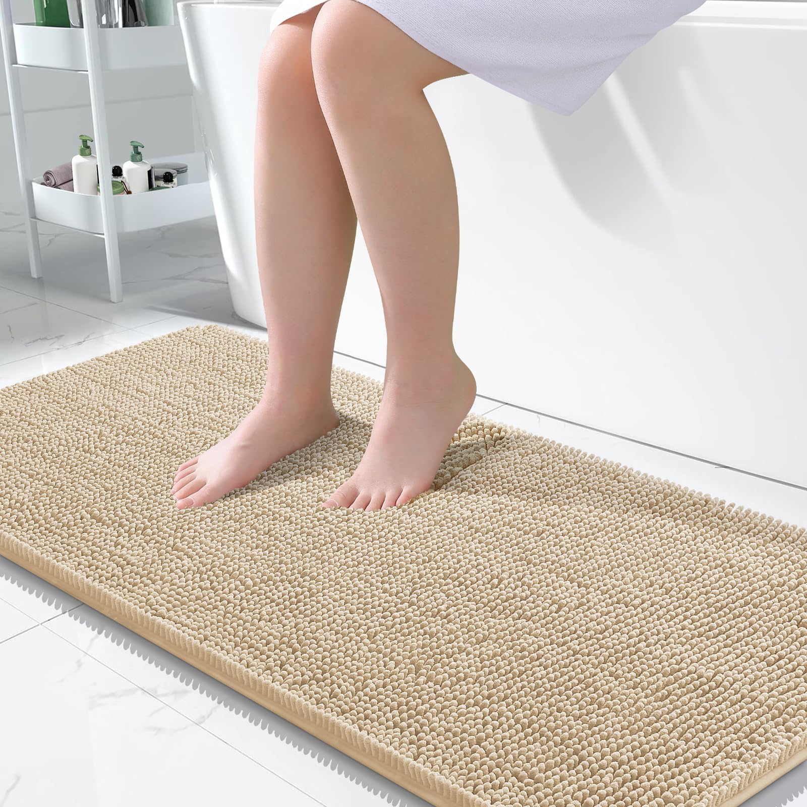 Photo 1 of OLANLY Bathroom Rugs 50x30, Extra Soft Absorbent Chenille Bath Rugs, Rubber Backing Quick Dry, Machine Washable Bath Mats for Bathroom Floor, Tub and Shower, Home Decor Accessories, Beige