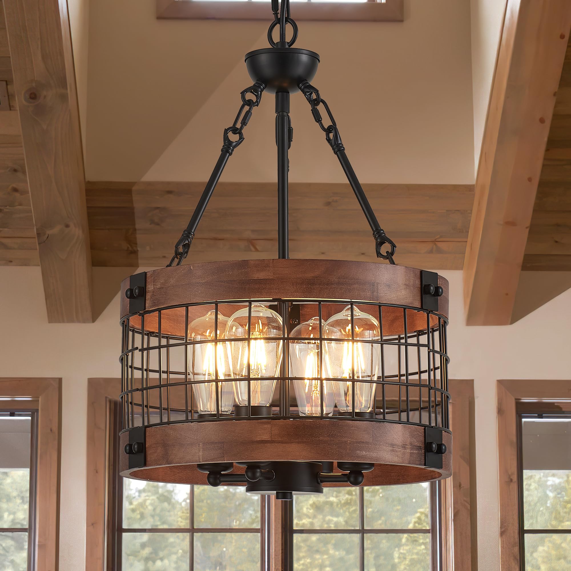 Photo 1 of Faibra 4-Light Farmhouse Drum Wood Pendant Light,14.5'' Vintage Rustic Brown Oak Wood Chandeliers,Retro Industrial Hanging Light Fixtures for Dining Room Entryway, Bedroom
