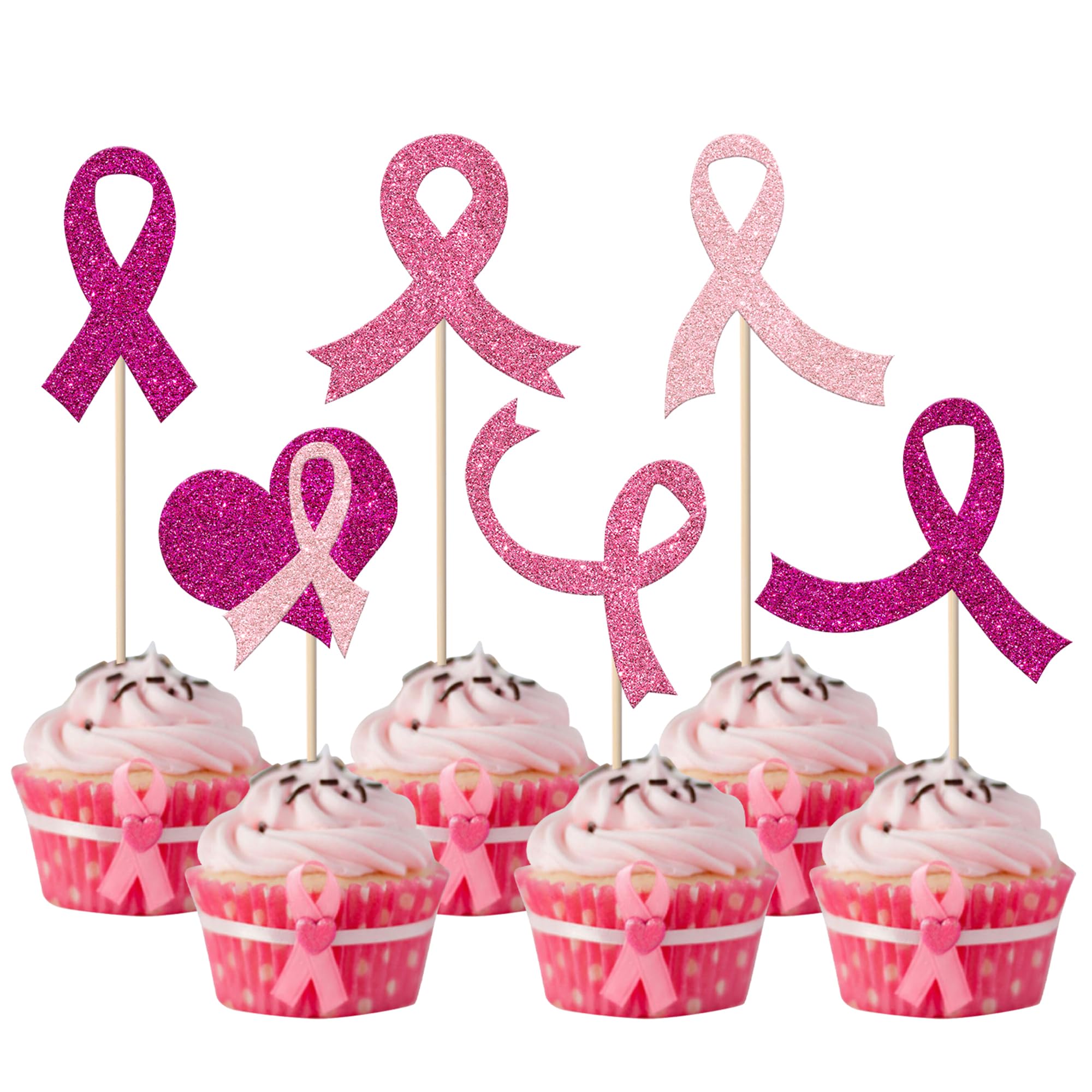 Xsstarmi 24 Pack Breast Cance Ribbon Cupcake Toppers Glitter Pink Ribbon Fight Hope Believe Breast Cancer Awareness Cupcake Picks for Breast Cancer Party Cake Decorations
