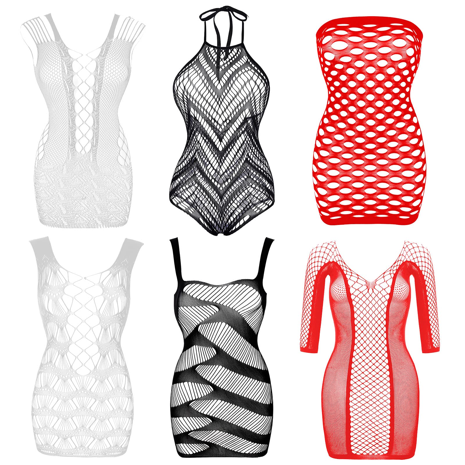 Women's Fishnet Lingerie Lace Fishnet Bodysuits Stockings Mesh Babydoll for Women（6 Pack）