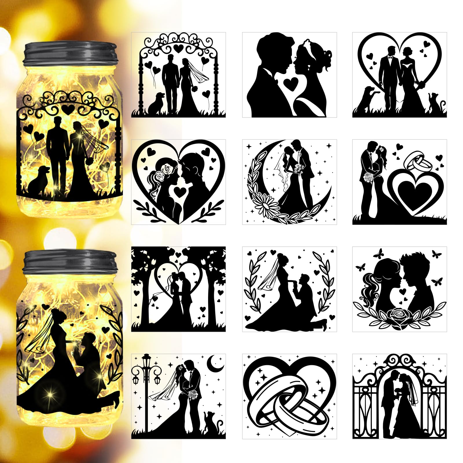 Peacoblue Wedding Silhouette Cutouts for Jars, Wedding Party, Lantern, Glass, Wall, Wishing Bottle Decor(No Stickers), 12Pcs Reusable Silhouette Lantern DIY Craft Kit Jar Decals Art Mural Garden Home