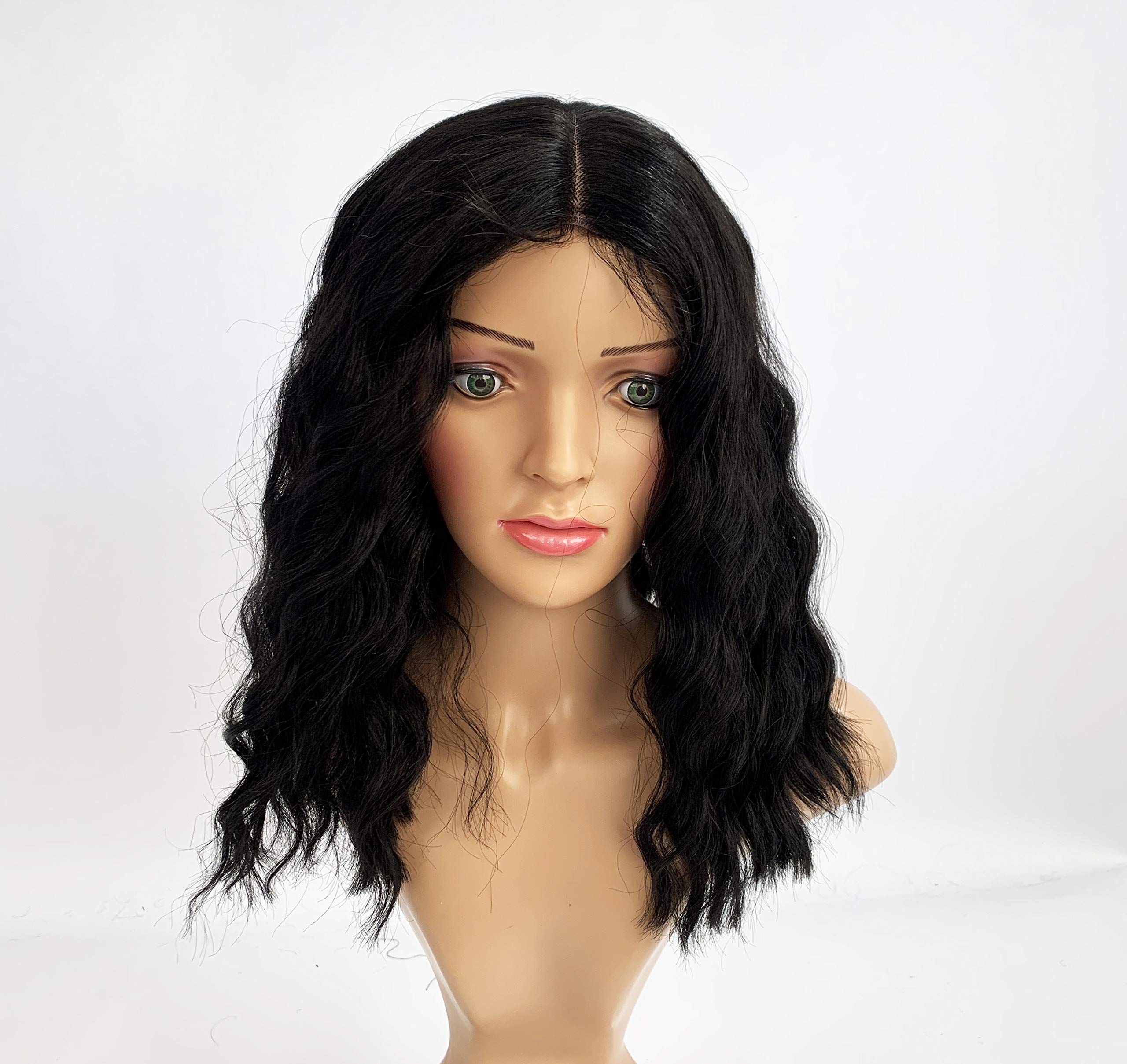 SLEEK Syntietic Wig 13-14'' Inches Lace Partng Wig With Baby Hair Water Wave Curly Wig For Women Nature Black Wig Shorter At the Back Heat Resistant Fiber 152G-1B