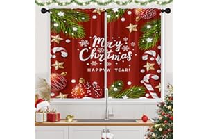 Tayney Christmas Kitchen Curtains Red Window Short Tier Curtains Over Sink Set of 2, Xmas Balls Winter Happy New Year Kitchen Decor 26" x 36"