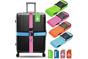 TEMOR Luggage Straps 8Pack TSA Approved Adjustable Suitcase Belts Travel Packing Belt with Buckle Closure Baggage Security Straps 4 Colors + 4 Luggage Tags