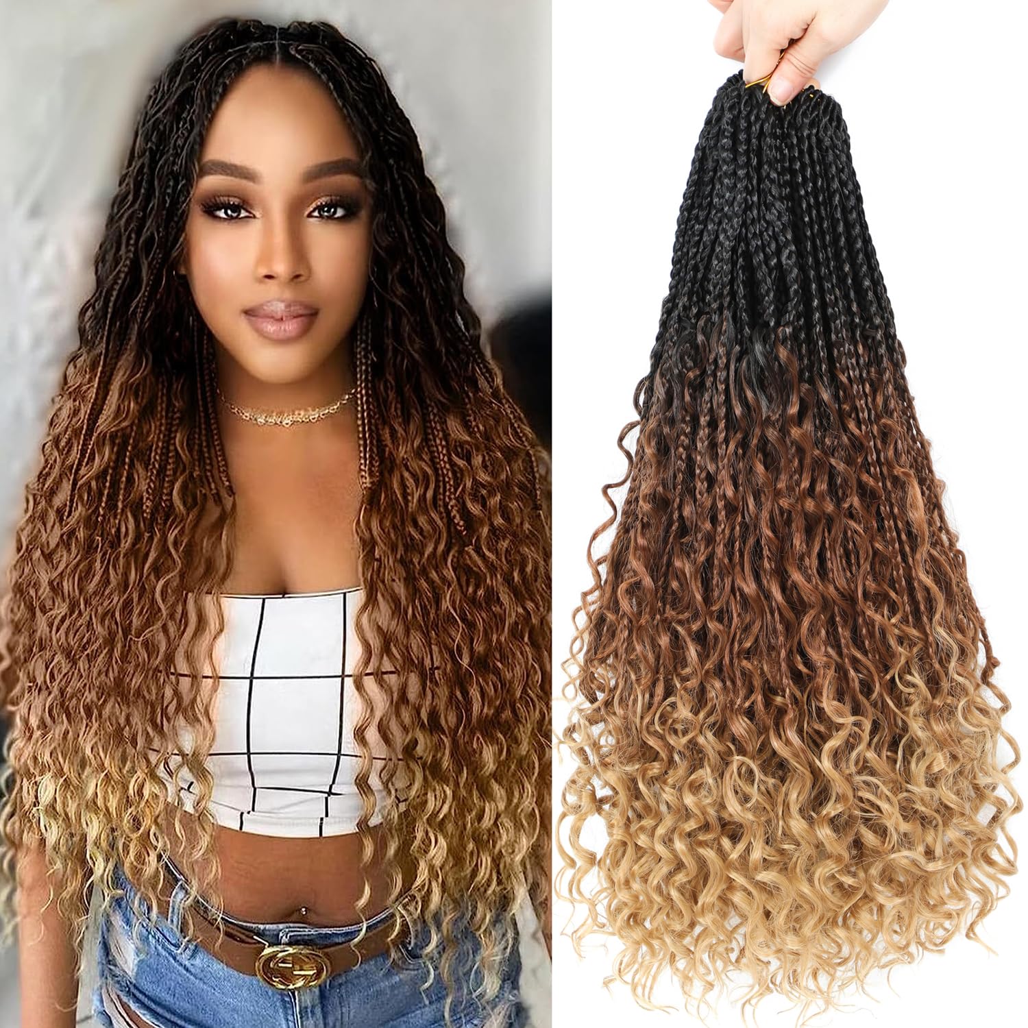 ZIYANGBABA Boho Goddess Braids Crochet Hair for Black Women 18 Inch 8 Packs Bohemian Crochet Braids Hair Extensions with Curly Ends Boho Box (1B/30/27, 18 Inch (Pack of 8)) — image 1