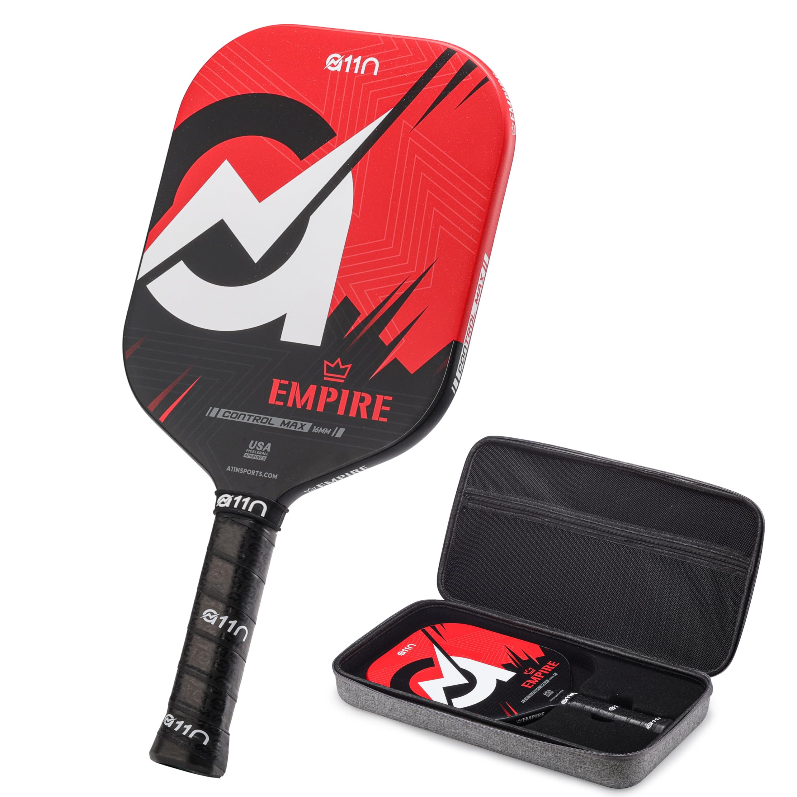Photo 1 of A11N Empire Edgeless Pickleball Paddle – Carbon Fiber Paddle with Longer Handle Design for Double-Handed Backhand & SuperGrit Surface Texture Technology, ControlMax - Wide Body Shape, Red