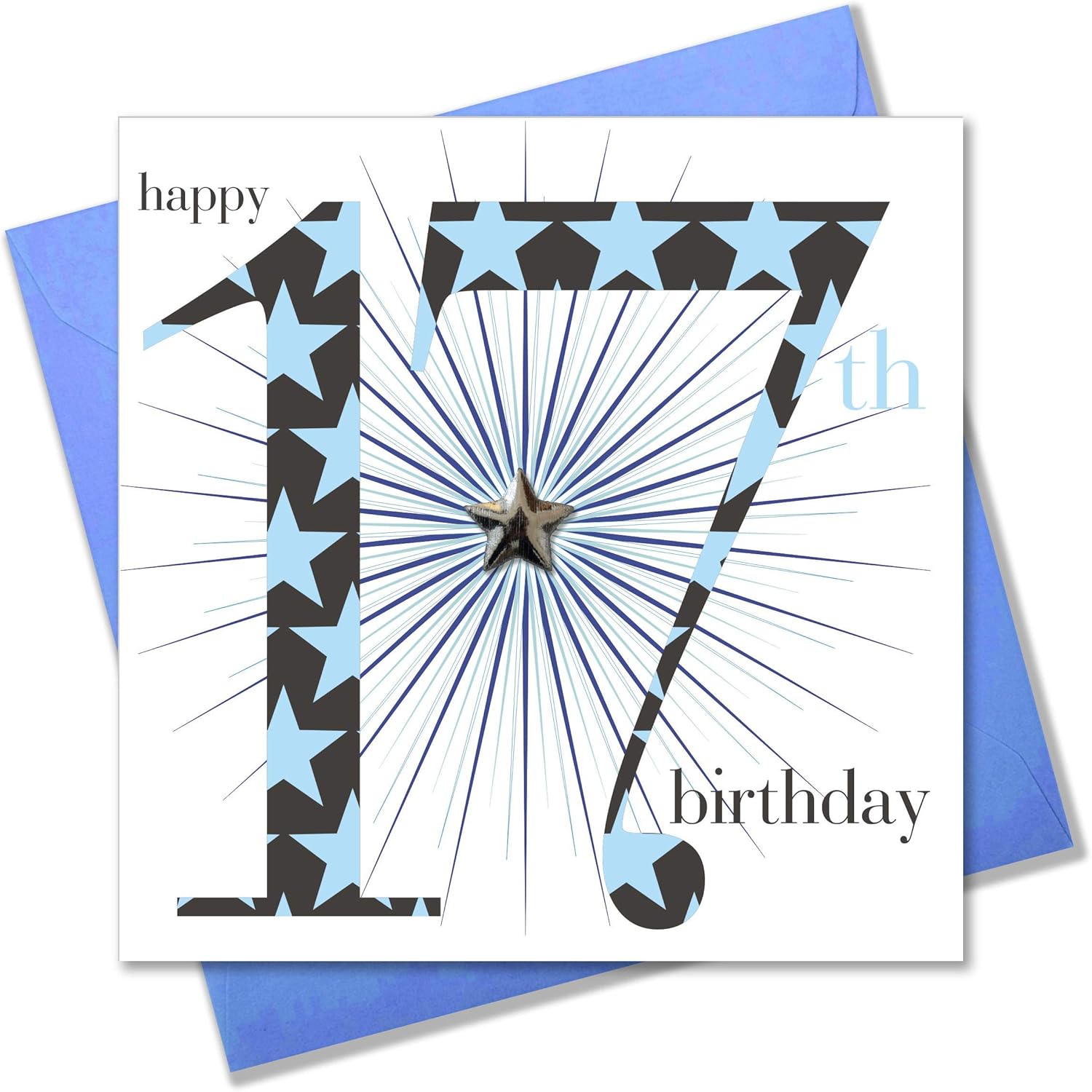 Claire Giles Greeting Cards, Happy 17th Birthday Card, Age 17 Boy Birthday Greeting Card, Embellished with a padded star