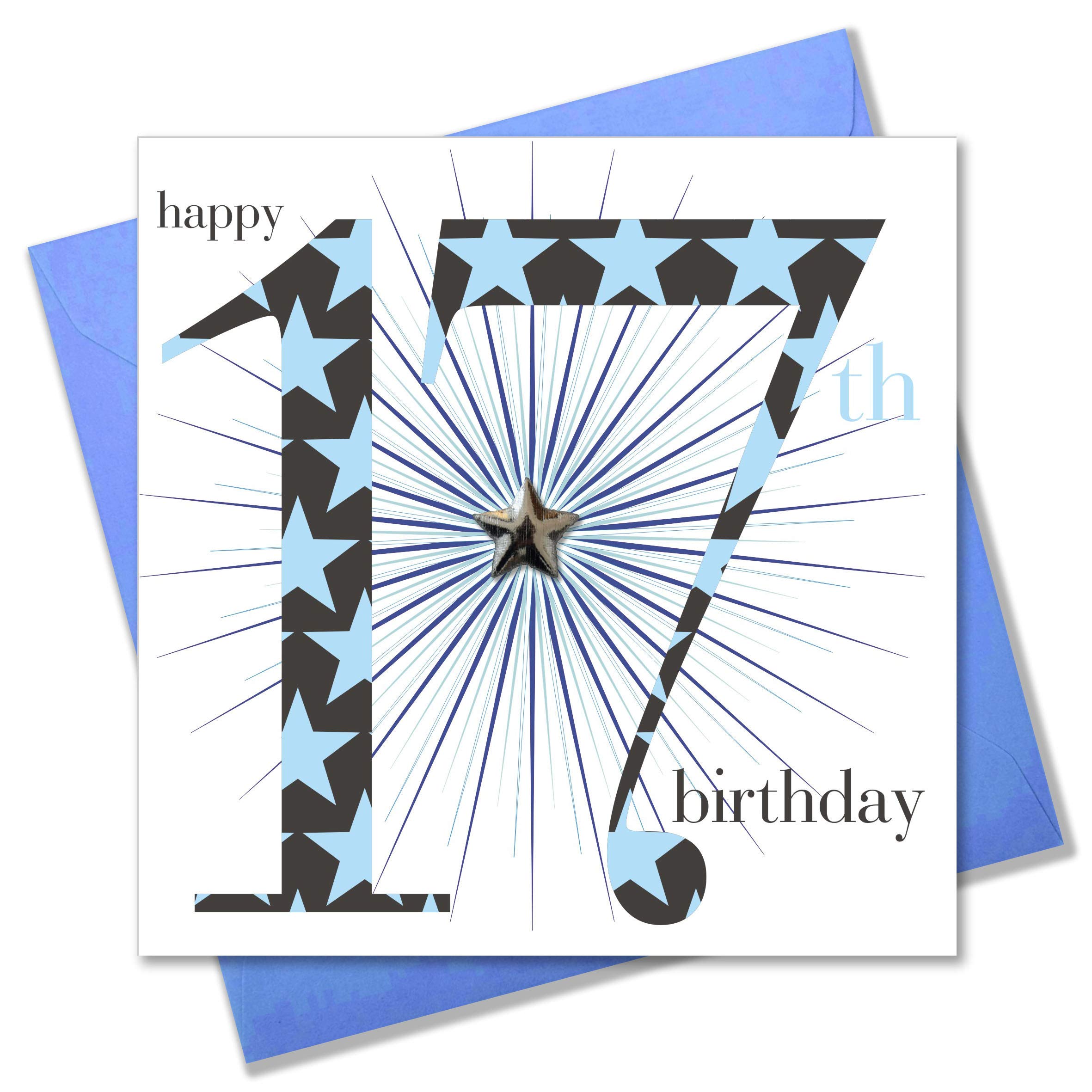 Claire Giles Greeting Cards, Happy 17th Birthday Card, Age 17 Boy Birthday Greeting Card, Embellished with a padded star