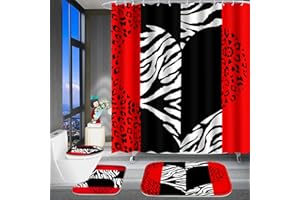Poedist 4 Pcs Bathroom Shower Curtain Set,Red Leopard Print Shower Curtain Bright Style Shower Curtain Sets with Rugs(Bath Mat,U Shape and Toilet Lid Cover Mat) and 12 Hooks