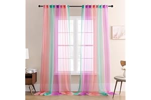 XiDi Purple Green and Pink Sheer Curtains for Girls Bedroom Room Decor,2 Panels Rod Pocket Drapes Ombre Window Pastel Curtains for Decoration Party 84 Inch Length
