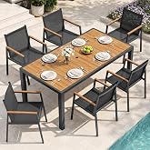 Oasbira Outdoor Dining Set, 7 Piece Aluminum Patio Table and Chairs Set, All Weather Patio Dining Furniture Set with Umbrella Hole for Backyard, Deck, Poolside (Gray-Teak)
