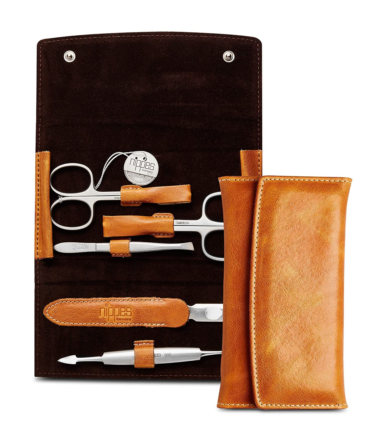 Nippes Solingen Nippes Premium Line Manicure Set Cognac 5-Piece Stainless Steel Rust- and Nickel- Genuine Cowhide Leather Case with Press Stud