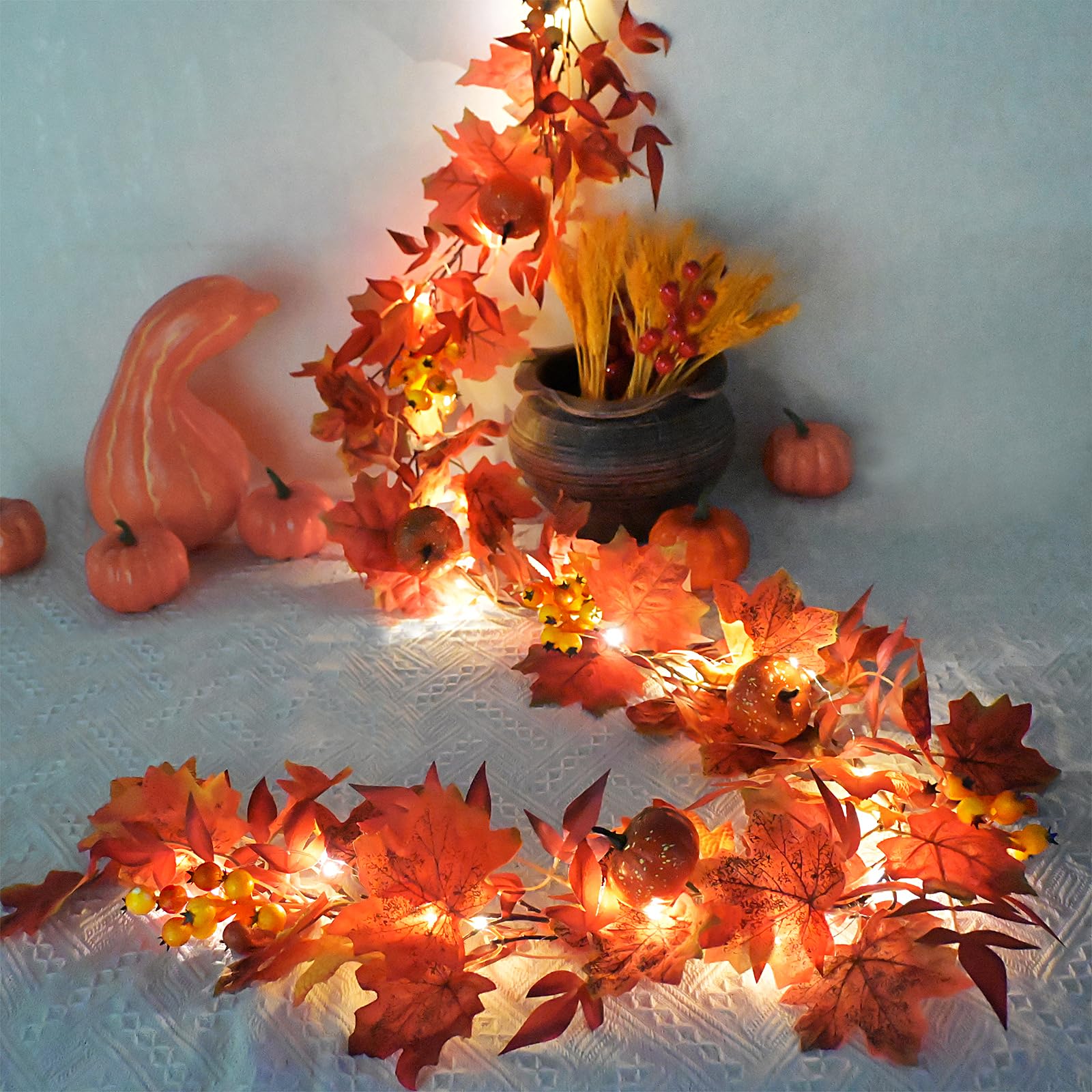 Photo 1 of Fall Garland with Lights Timer 6.2FT Autumn Garlands Maple Leaves Pumpkin Berry Garlands, Fall Leaf Garland for Mantle Thanksgiving Harvest Christmas Decor for Table Fireplace Wall FrontDoor