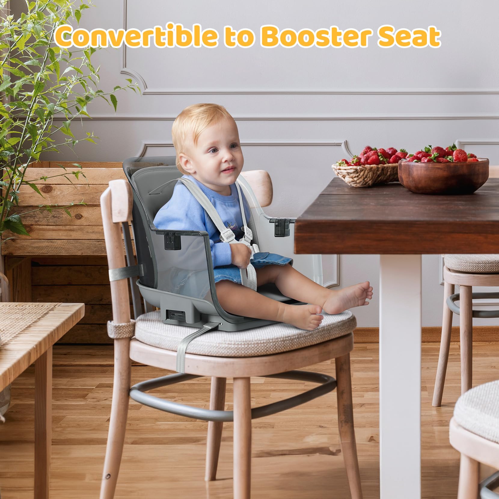 Ezebaby Foldable Wooden High Chairs, 3-in-1 Convertible Baby High Chair, Dining Booster Seat, Toddler Chair, Easy Clean High Chairs for Babies and Toddlers with Large Adjustable Tray- Transparent Gray