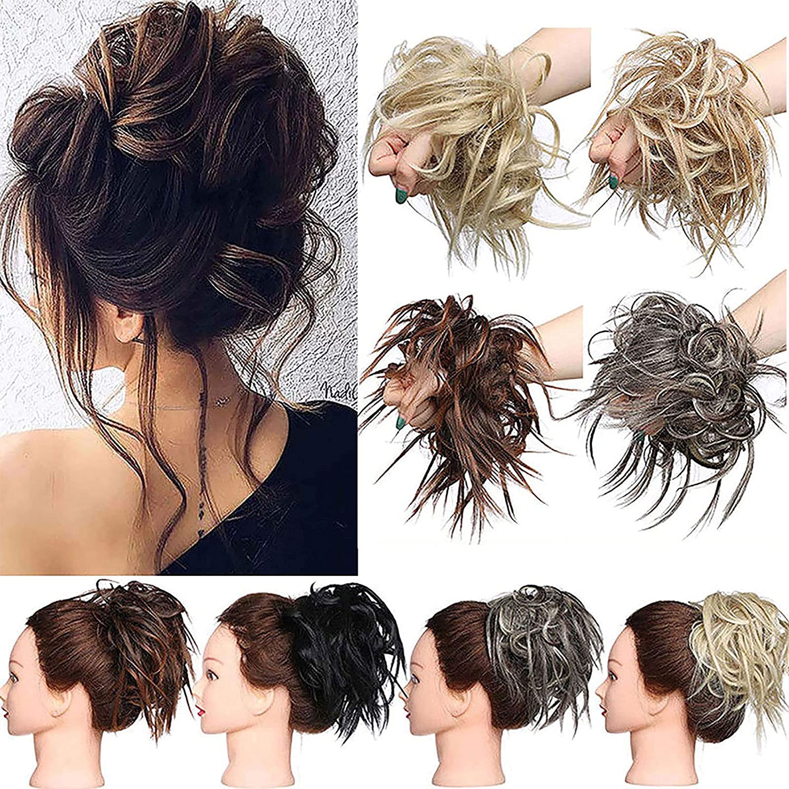 Messy Hair Bun Chignons Synthetic Hair Extensions Wavy Donut Updo Scrunchy Curly Hairpieces Chocolate Brown & Dark Blonde