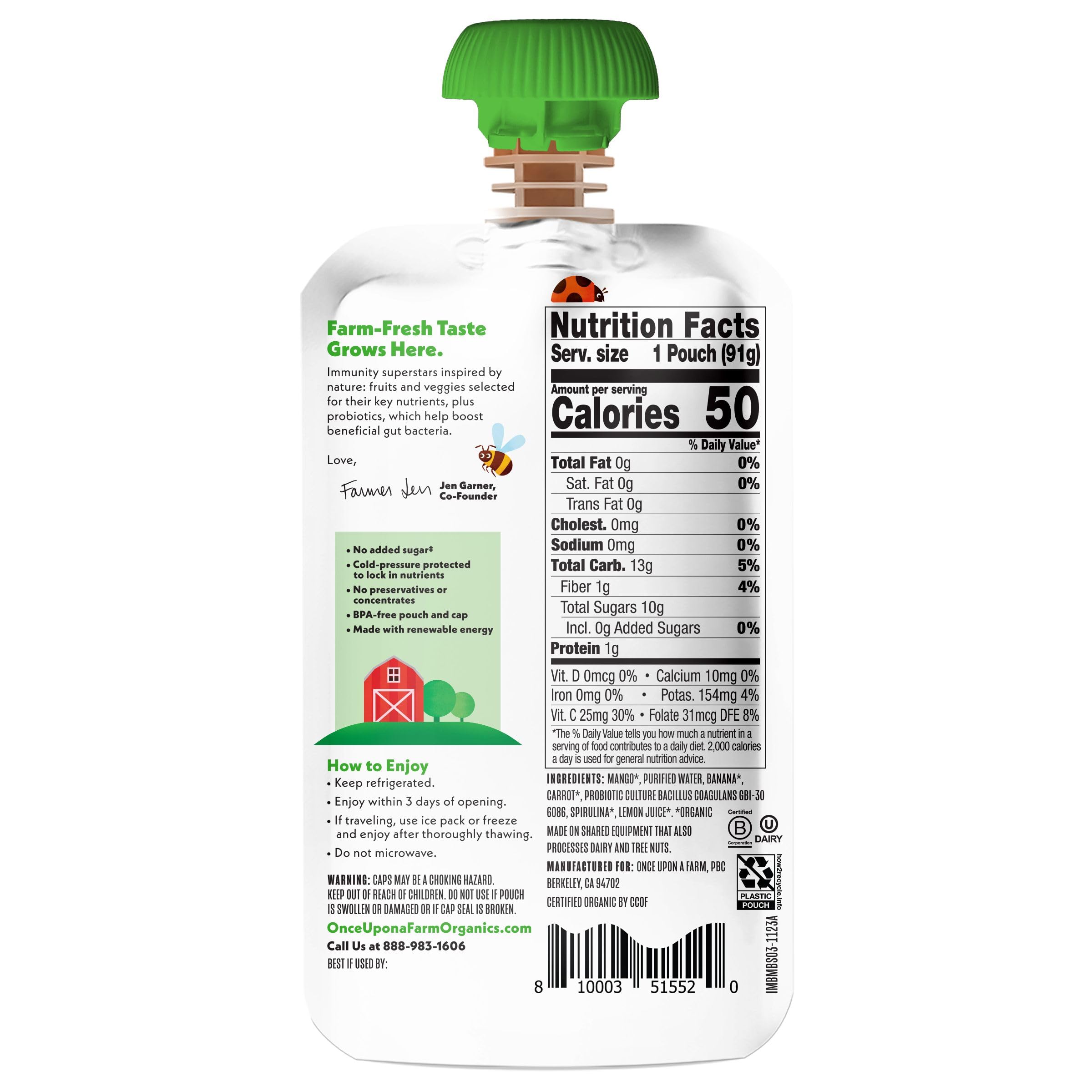 Once Upon a Farm Organic Mango Banana Spirulina Immunity Blend, 3.2 Oz Pouch