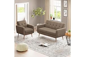 HUIMO Living Room Set, Button Tufted Living Room Furniture Sets, Upholstered Modern Couch Set with Solid Frame, Deep Seat Sofa Set for Living Room, Office (Brown, 2 Piece Set-loveseat+Chair)