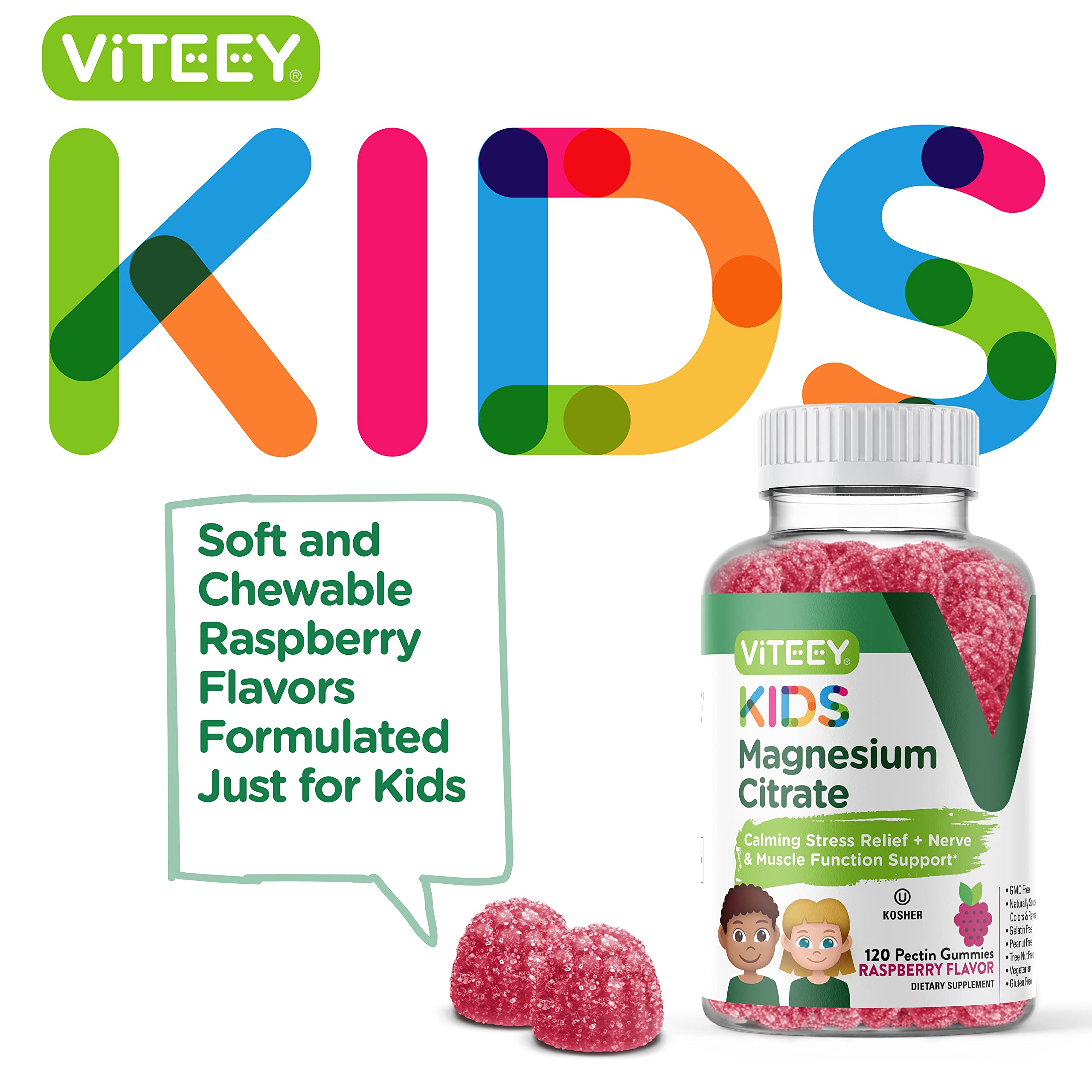 Viteey Kids Magnesium Citrate Gummies - Supports Sleep Aid, Calm Gummies, Muscle Relaxer, Optimal Relaxation - Vegetarian, Gelatin Free, Gluten Free, GMO Free - Tasty Chewable Raspberry Flavored Gummy
