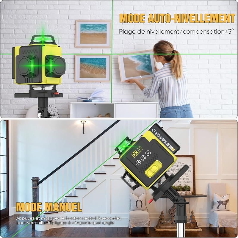 Nivel láser autonivelante 360° X 4, láser de construcción 4D con 16 líneas láser, modo de pulso para exteriores, 2 baterías, autonivelación, soporte rotativo, control remoto.(Sin Trípode)