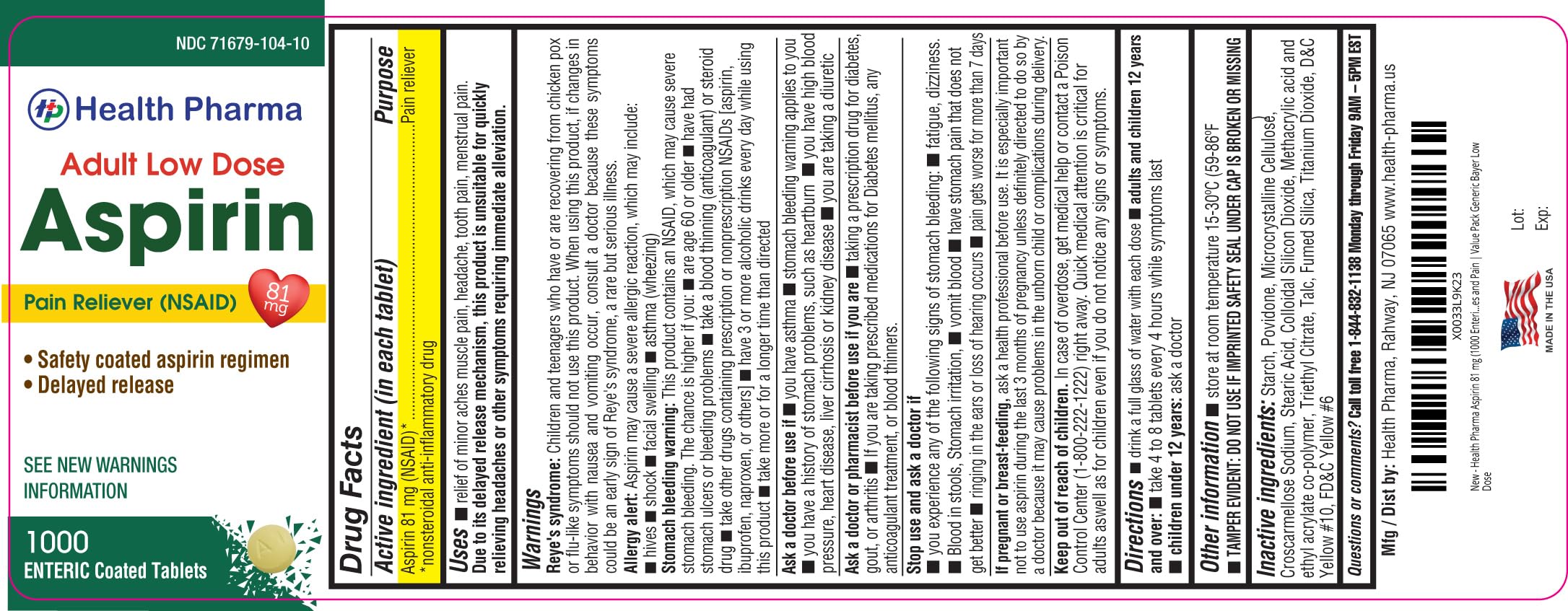 Aspirin 81 mg (1000 Enteric Coated Tablets) | Adult Low Dose Strength Pain Reliever (NSAID) | Safe Pain Relief for Minor Aches and Pain | Value Pack Generic
