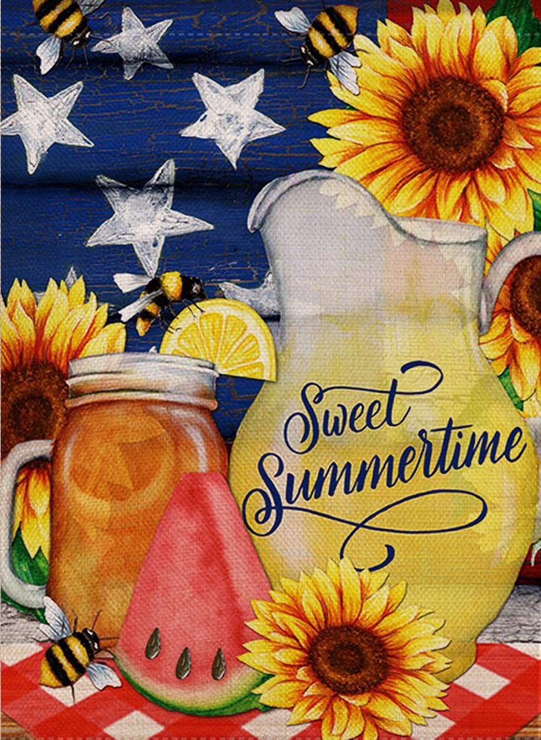 Dyrenson Watermelon Bees Garden Flag Double Sided Sweet Summer, Flower House Yard Flag, Sunflower Star Garden Yard Decorations, Home Decorative Mason Jar Floral Seasonal Outdoor Flag 12 x 18